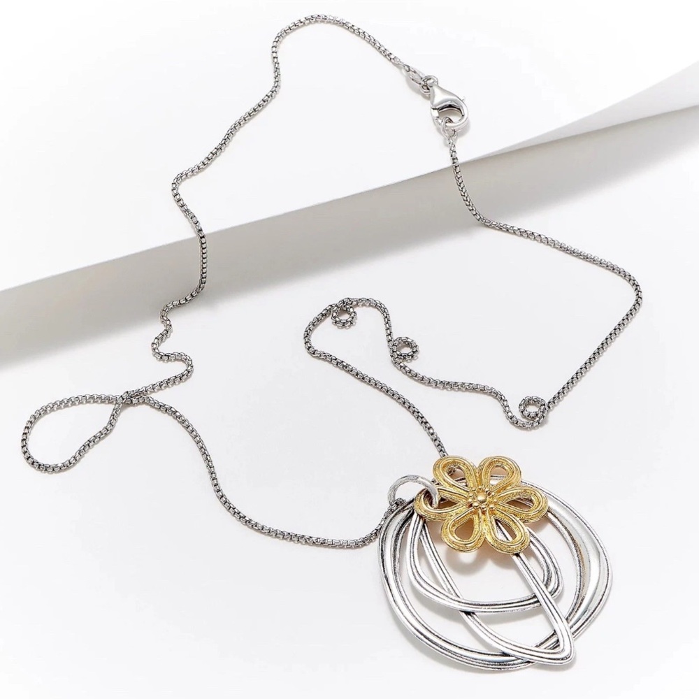 Or Paz • Flower Pendant Silver Two-Tone Motif Necklace Sterling & 14K Plated